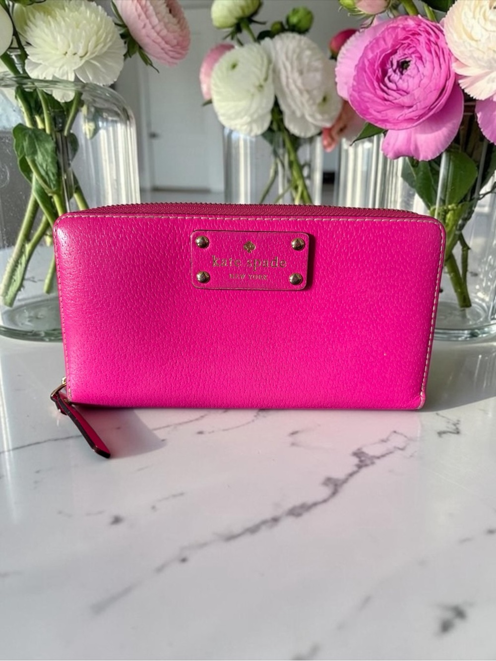 kate spade Bright Pink Zip-Around Wallet with Gold Plate